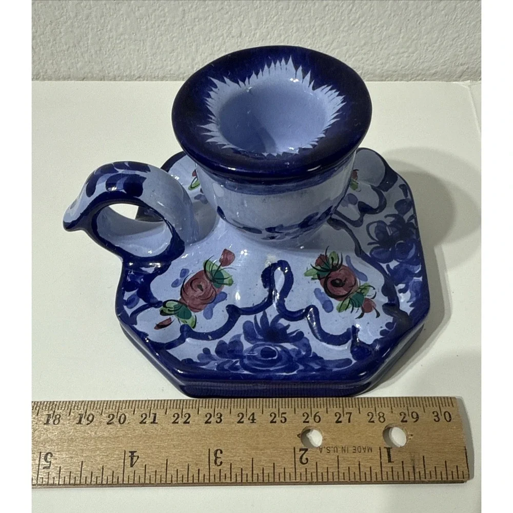 Vintage Portugal Hand Painted Ceramic Single Candle Holder Signed Handpainted‎